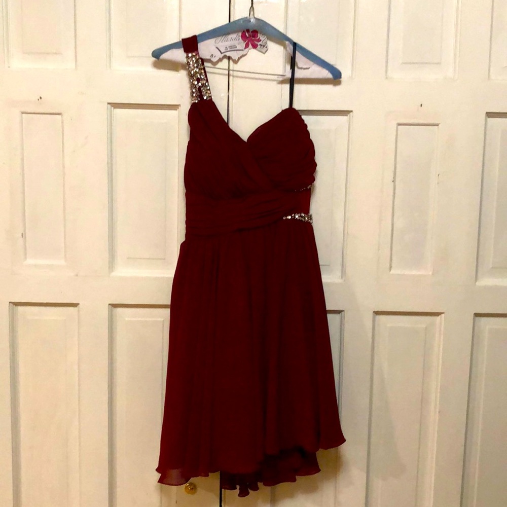 One strap dark red dress